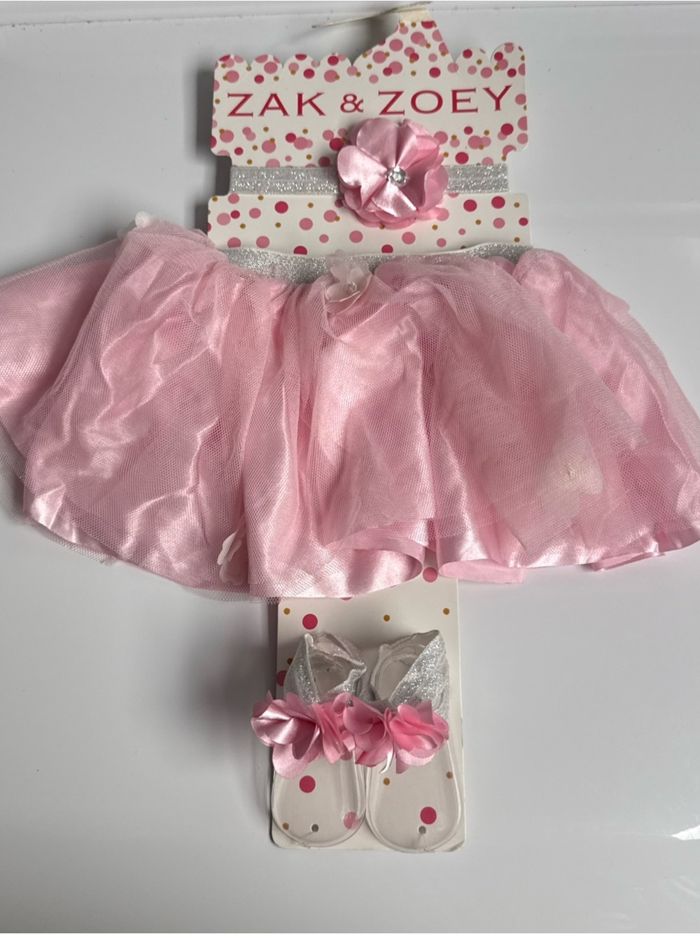 3 mo. Zack & Zoey Pink Tutu 3 piece skirt set. with flower, Silver Accent Shoes